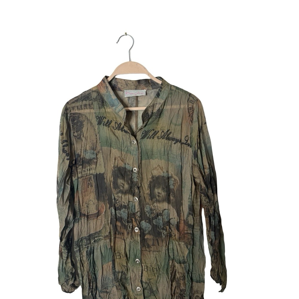 Pretty‎ Angel Silk Blend tunic newspaper/silhouette print sheer button blouse M - Picture 2 of 4